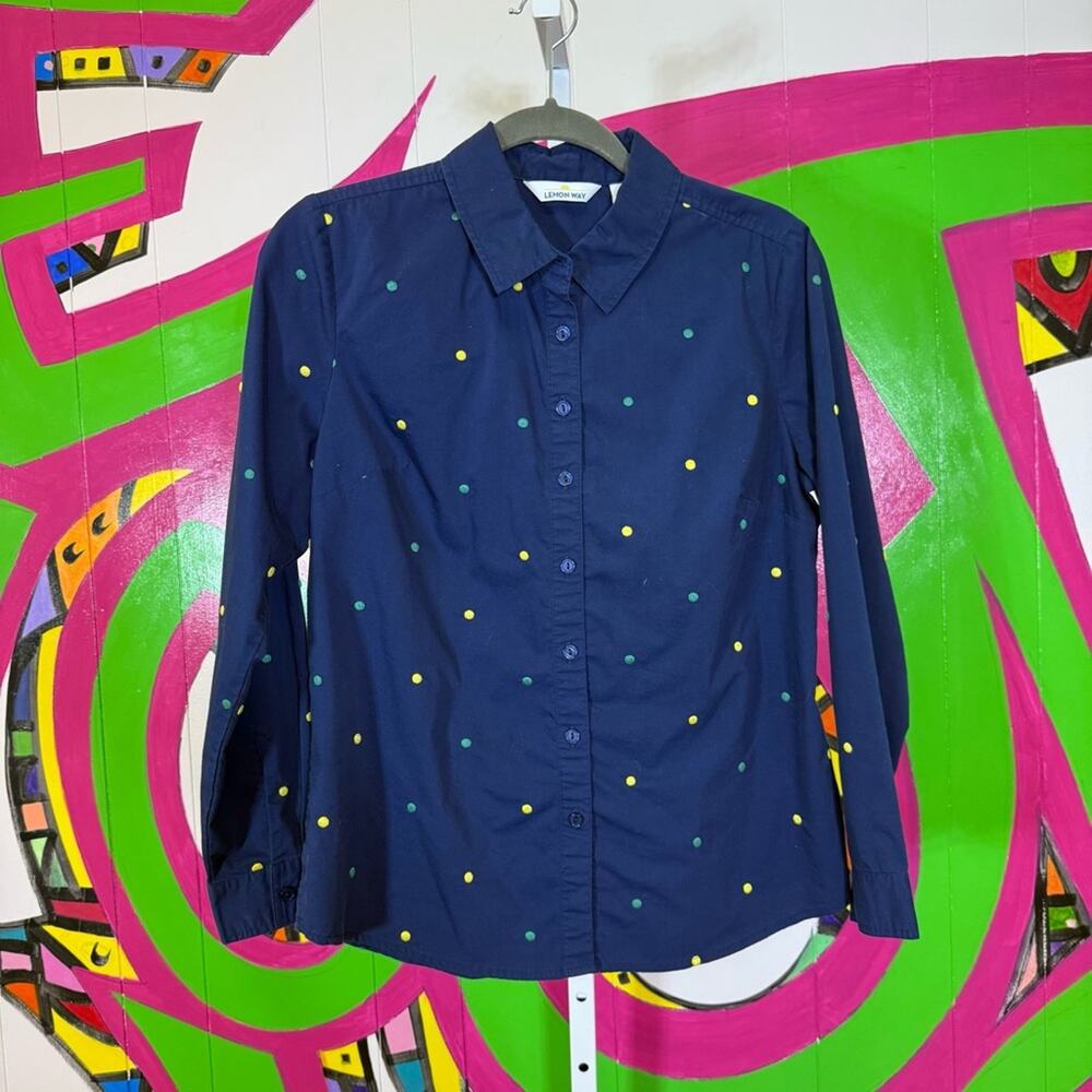 Lemon Way, Classic Navy Shirt Embroidered Polka Dots. Size Small. Excellent cond